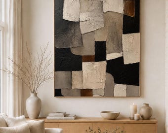 Handmade Textured Neutral Abstract Painting, Wabi Sabi Beige Gradient Canvas Black border Modern living room wall decor Housewarming Gift