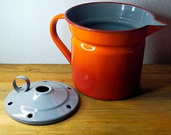 Vintage Orange Emaille Milchtopf • Mid-Century Anti-Überlauf-Kocher