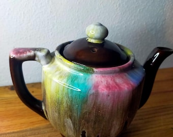 Vintage Japanese Drip Glaze Teapot - Colorful Mid Century Modern Ceramic