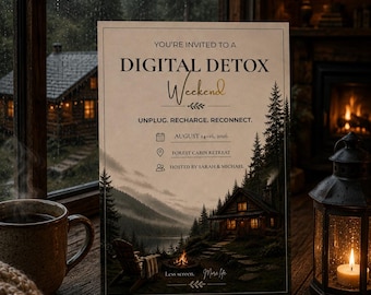Digital Detox Weekend Invitation, Forest Cabin Retreat, Wellness Event (Digital Download)