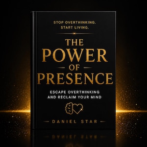 May include: A black book titled "The Power of Presence" with gold lettering. The cover includes the text "Stop Overthinking. Start Living." and "Escape Overthinking and Reclaim Your Mind." The author's name, Daniel Star, is at the bottom.
