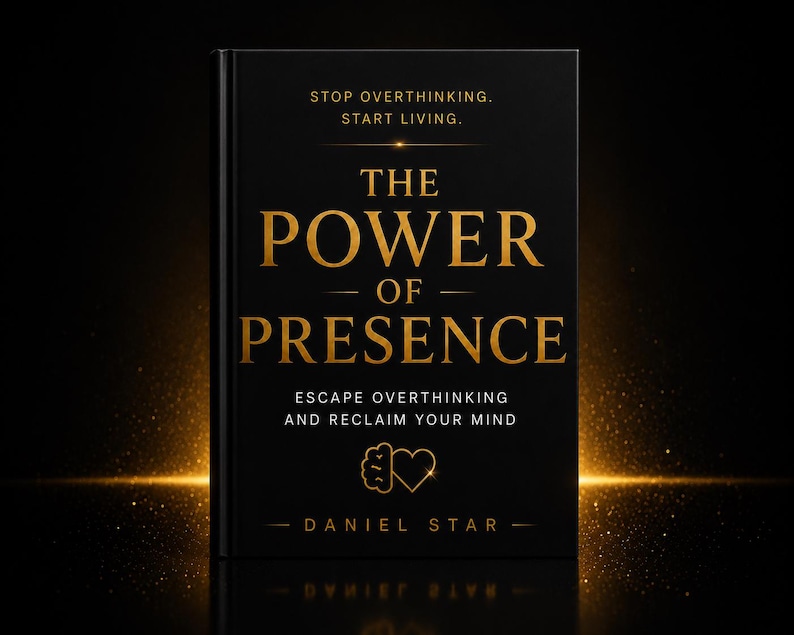May include: A black book titled "The Power of Presence" with gold lettering. The cover includes the text "Stop Overthinking. Start Living." and "Escape Overthinking and Reclaim Your Mind." The author's name, Daniel Star, is at the bottom.
