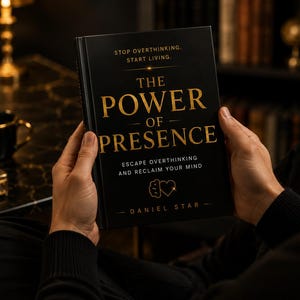 May include: A black book titled "The Power of Presence" with gold lettering is held open. The book's cover includes the text "Stop Overthinking. Start Living." and "Escape Overthinking and Reclaim Your Mind."