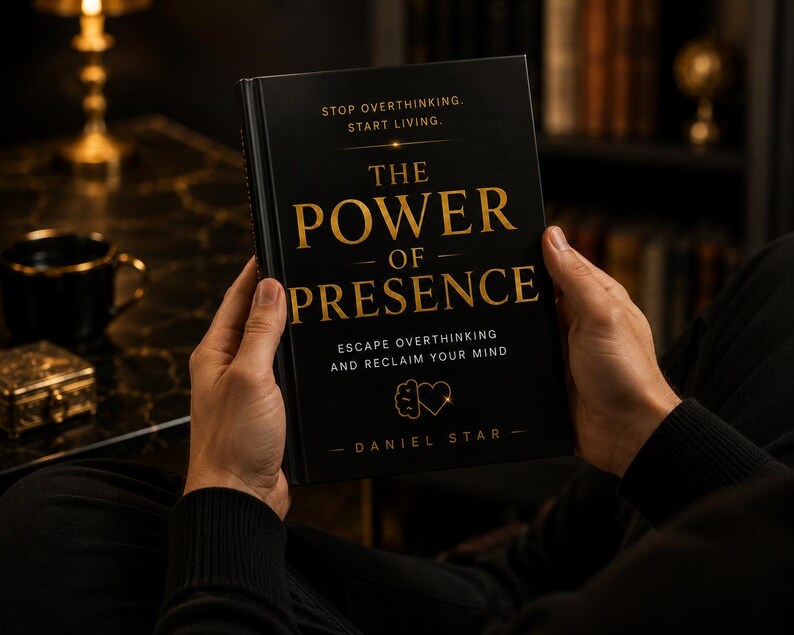 May include: A black book titled "The Power of Presence" with gold lettering is held open. The book's cover includes the text "Stop Overthinking. Start Living." and "Escape Overthinking and Reclaim Your Mind."