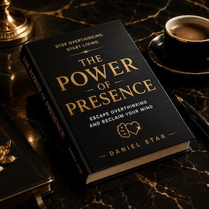 May include: A black book titled "The Power of Presence" with gold lettering and a coffee cup on a saucer. The book's cover includes the text "Stop Overthinking, Start Living" and "Escape Overthinking and Reclaim Your Mind."