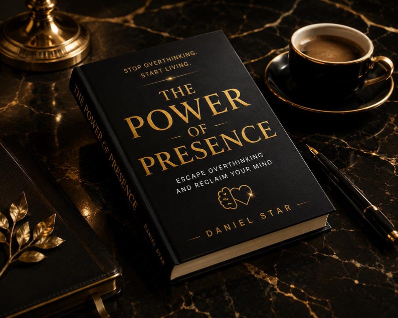 May include: A black book titled "The Power of Presence" with gold lettering and a coffee cup on a saucer. The book's cover includes the text "Stop Overthinking, Start Living" and "Escape Overthinking and Reclaim Your Mind."