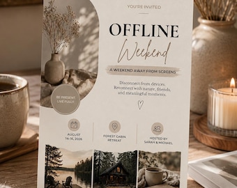 Offline Weekend Invitation, Digital Detox Retreat, Forest Cabin, Editable Canva Template (Digital Download)