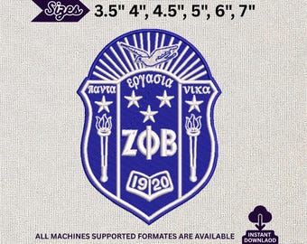 Diseño de bordado a máquina de la hermandad Zeta Phi Beta ZΦB Escudo azul real blanco Emblema