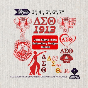 May include: A collection of red and white Delta Sigma Theta embroidery designs. The designs include elephants, Greek letters, and the year 1913. The bundle includes various sizes, from 3 to 7 inches, and the text "Delta Sigma Theta Embroidery Designs Bundle."