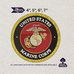 May include: Embroidered patch featuring the United States Marine Corps emblem. The circular design includes the words "United States Marine Corps" and a detailed eagle, globe, and anchor symbol. Available in 4", 5", 6", and 7" sizes.