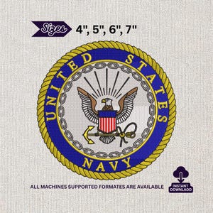 May include: Embroidered United States Navy emblem in a circular design. The emblem features an eagle, anchor, and the words "United States Navy." Available in 10 cm, 13 cm, 15 cm, and 18 cm sizes. The design is on a textured background.