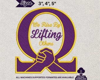 Bordado Omega "Levantando a los demás", cita motivacional de Omega Psi Phi, diseño de apretón de manos morado y dorado