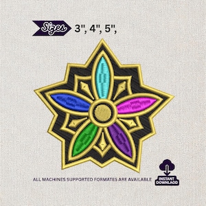 May include: An embroidery design featuring a star-shaped emblem with a central gold circle surrounded by five petals in light blue, pink, green, purple, and blue. The design includes gold outlines, black fill, and text stating Sizes 3", 4", 5".