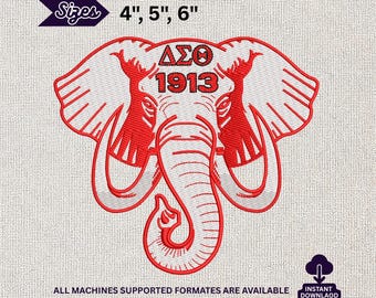 Diseño de bordado a máquina de la hermandad Delta Sigma Theta: Mascota de elefante rojo, 1913, letras griegas.