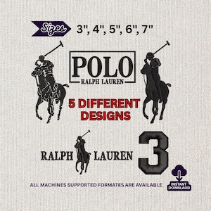 Op de afbeelding: Een digitaal borduurontwerp met vijf zwarte Polo Ralph Lauren-logo's, inclusief paard-en-ruiterfiguren, de merknaam en het cijfer 3. De tekst bevat Sizes 3", 4", 5", 6", 7", 5 DIFFERENT DESIGNS en ALL MACHINES SUPPORTED.
