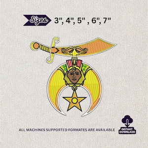 May include: Embroidered design featuring a sword, a crescent moon with a star, and an Egyptian pharaoh's face. The design is in shades of gold, yellow, and brown. Sizes available: 3", 4", 5", 6", 7".
