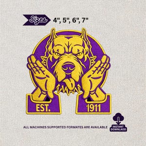May include: An embroidery design featuring a yellow bulldog head with a tongue sticking out, framed by two yellow hands in a prayer position against a purple circular background. Text reads Sizes 4", 5", 6", 7", EST. 1911, and INSTANT DOWNLAOD.