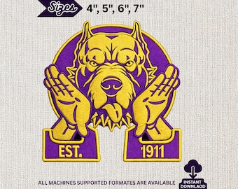 Diseño de bordado de Omega Psi Phi Bulldog, archivo digital de la fraternidad griega Que Dog, EST. 1911