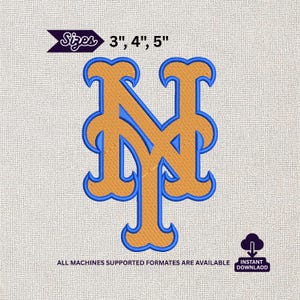 May include: An embroidery design featuring the letters NY in a stylized font with gold fill and a blue outline. The text Sizes 3", 4", 5" appears at the top, and the text ALL MACHINES SUPPORTED FORMATES ARE AVAILABLE appears at the bottom.
