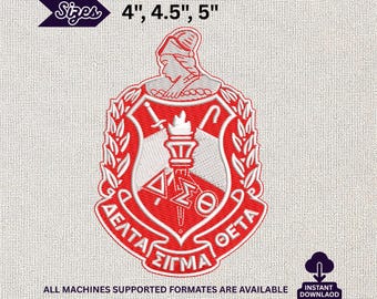 Disegno per ricamo a macchina della confraternita Delta Sigma Theta DST, stemma, scudo, emblema, file Minerva Torch