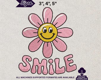 Archivo de bordado de margarita sonriente, diseño de flor con cara feliz para máquina de bordar, patrón para camisetas infantiles