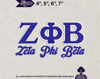 Diseño de bordado a máquina de la hermandad Zeta Phi Beta ZΦB con letras griegas en azul real y blanco.