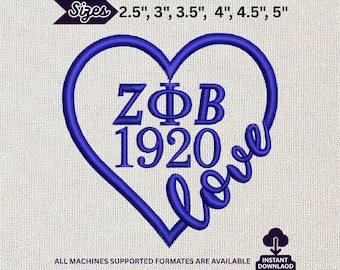 Zeta Phi Beta ZΦB Sorority Disegno per ricamo a macchina Cuore blu reale Amore 1920