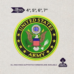 May include: Embroidered patch featuring the United States Army emblem. The circular design includes a green background, the words "UNITED STATES ARMY", an eagle, and stars. Available in sizes 4", 5", 6", and 7".