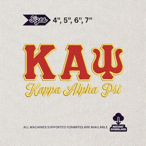 May include: Embroidered design featuring the Greek letters ΚΑΨ in red with gold trim, above the words "Kappa Alpha Psi" in gold script. Sizes available: 4", 5", 6", and 7". The design is on a textured, off-white background.