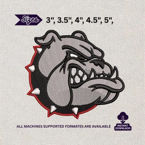 May include: An embroidery design of a grey bulldog head wearing a black spiked collar with red trim. The text reads Sizes 3", 3.5", 4", 4.5", 5", and ALL MACHINES SUPPORTED FORMATES ARE AVAILABLE. An icon shows a cloud with a downward arrow and the text INSTANT DOWNLAOD.