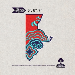 May include: An embroidery design featuring a red vertical shape with stylised blue and teal cloud patterns. The text "Sizes 5", 6", 7"" appears at the top, and "All machines supported formates are available" and "Instant download" are at the bottom.