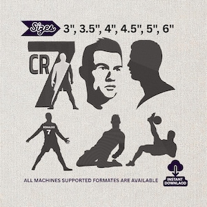 Könnte beinhalten: Ein digitales Stickmuster-Set mit Silhouetten eines Fußballspielers. Enthält den Text CR7, eine große Zahl 7, zwei Kopfporträts und drei Ganzkörper-Aktionsposen. Verfügbare Größen sind 3", 3.5", 4", 4.5", 5" und 6".