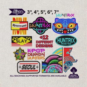 May include: A collection of twelve embroidered patches featuring various graphic designs including a blue cat face, text reading Rrrrrrumi, SLAY, HUNTR/X, KPOP DEMON HUNTERS, and SEOUL, along with colourful abstract patterns. The image displays sizes 3", 4", 5", 6", 7".