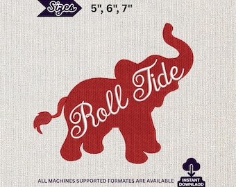 Diseño de bordado de elefante "Roll Tide", patrón de puntada de mascota de Alabama, ilustración de fanático carmesí