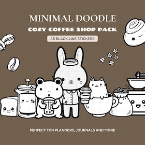 Può includere: Un set di adesivi digitali con 35 scarabocchi a linee nere su sfondo a griglia marrone. Il testo recita MINIMAL DOODLE COZY COFFEE SHOP PACK 35 BLACK LINE STICKERS. Le illustrazioni includono un coniglio, una rana, un gatto e del caffè.