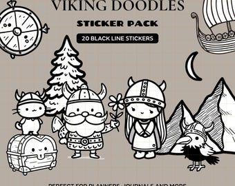 Viking Doodle Sticker Pack | 20 Cute Black Line Norse Stickers for GoodNotes, Digital Planner & PNG Journaling Pack