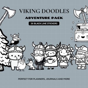 Può includere: Un set di 36 adesivi a linea nera intitolato VIKING DOODLES ADVENTURE PACK. Le grafiche mostrano personaggi dei cartoni animati con elmi cornuti, uno scrigno del tesoro, asce, un albero e un cagnolino su uno sfondo grigio a griglia.