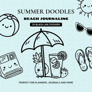 Può includere: Adesivi in bianco e nero a tema spiaggia estiva. Include un pallone da spiaggia, occhiali da sole, sole, infradito, una fotocamera, una bevanda con ghiaccio, un ananas e un ombrellone. Il testo recita "Summer Doodles", "Beach Journaling" e "35 Black Line Stickers".