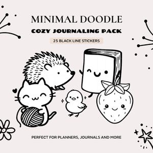 Può includere: Set di adesivi a linea nera per il journaling. L'immagine presenta un gatto, un riccio, un libro, una fragola e un pulcino. Il testo recita "Minimal Doodle Cozy Journaling Pack" e "25 Black Line Stickers".