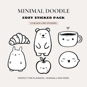 Può includere: Un set di adesivi minimalisti in bianco e nero con un croissant, un orso, una tazza di caffè, un coniglietto, una mela e un limone. Il testo recita "Minimal Doodle Cozy Sticker Pack" e "15 Black Line Stickers".