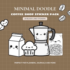 Può includere: Un set di adesivi con 20 disegni a linee nere su sfondo a quadretti marrone. Il testo recita MINIMAL DOODLE COFFEE SHOP STICKER PACK, 20 BLACK LINE STICKERS e PERFECT FOR PLANNERS, JOURNALS AND MORE. Include un cartone di latte, un muffin, una caffettiera e chicchi di caffè.