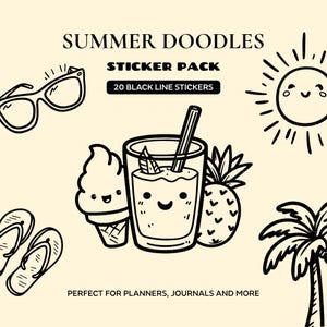 Può includere: Un pacchetto di adesivi con scarabocchi a tema estivo in arte lineare nera. Il design include occhiali da sole, un sole sorridente, gelato, una bevanda con una cannuccia, un ananas, infradito e una palma. Il testo recita "Summer Doodles Sticker Pack" e "20 Black Line Stickers."