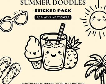 Minimal Black Line Summer Stickers PNG | 20 Cute Doodle Stickers for GoodNotes Planner | Beach & Vacation Line Art iPad Stickers