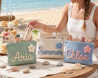 Pochette per il trucco personalizzata in velluto a coste, regalo personalizzato per damigella d'onore, beauty case da viaggio per donna, regalo per la festa di addio al nubilato, regalo per lei