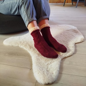 Hand Knit Marsala Socks, Lace Leaf Pattern, Ruffle Cuff, Wool Blend, Cottagecore Style