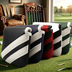 Op de afbeelding: Een rij van vijf golfputter headcovers in zwart, marineblauw, rood, wit en donkergroen. Elke hoes heeft een gestructureerde, leerachtige afwerking met twee diagonale witte strepen aan de voorzijde en een gebogen wit accent bij de bovenrand.