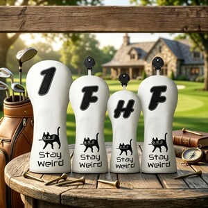 May include: Four white golf club head covers featuring black lettering and graphics. The covers display the numbers or letters 1, F, H, and F, along with a black cat illustration and the text Stay Weird printed in a black sans-serif font.
