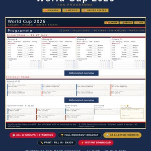 World Cup 2026 Printable Fan Programme | Groups Standings Knockout Bracket | A4 and Letter PDF