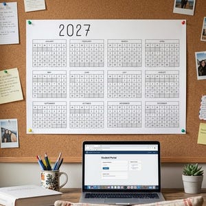 Peut inclure: Un calendrier mural 2027 imprimé sur papier blanc avec des lignes de grille et du texte noirs, présentant douze sections mensuelles. Le calendrier est affiché sur un panneau en liège avec des notes, des photos et des cartes postales, un ordinateur portable, un mug et une gourde.