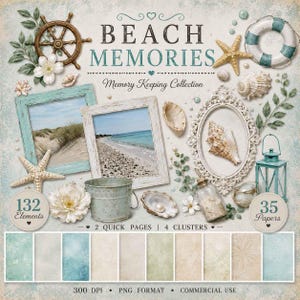 Puede incluir: Un kit de álbum de recortes digital titulado "Beach Memories" con varios elementos con temática de playa. Incluye marcos, conchas marinas, un timón, estrellas de mar y papeles decorativos. El kit contiene 132 elementos y 35 papeles. El texto "Memory Keeping Collection".